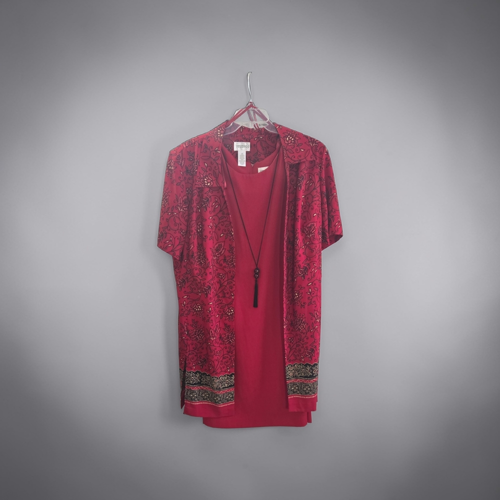 Studio I Red Paisley Layered Tunic Set with Tassel Necklace